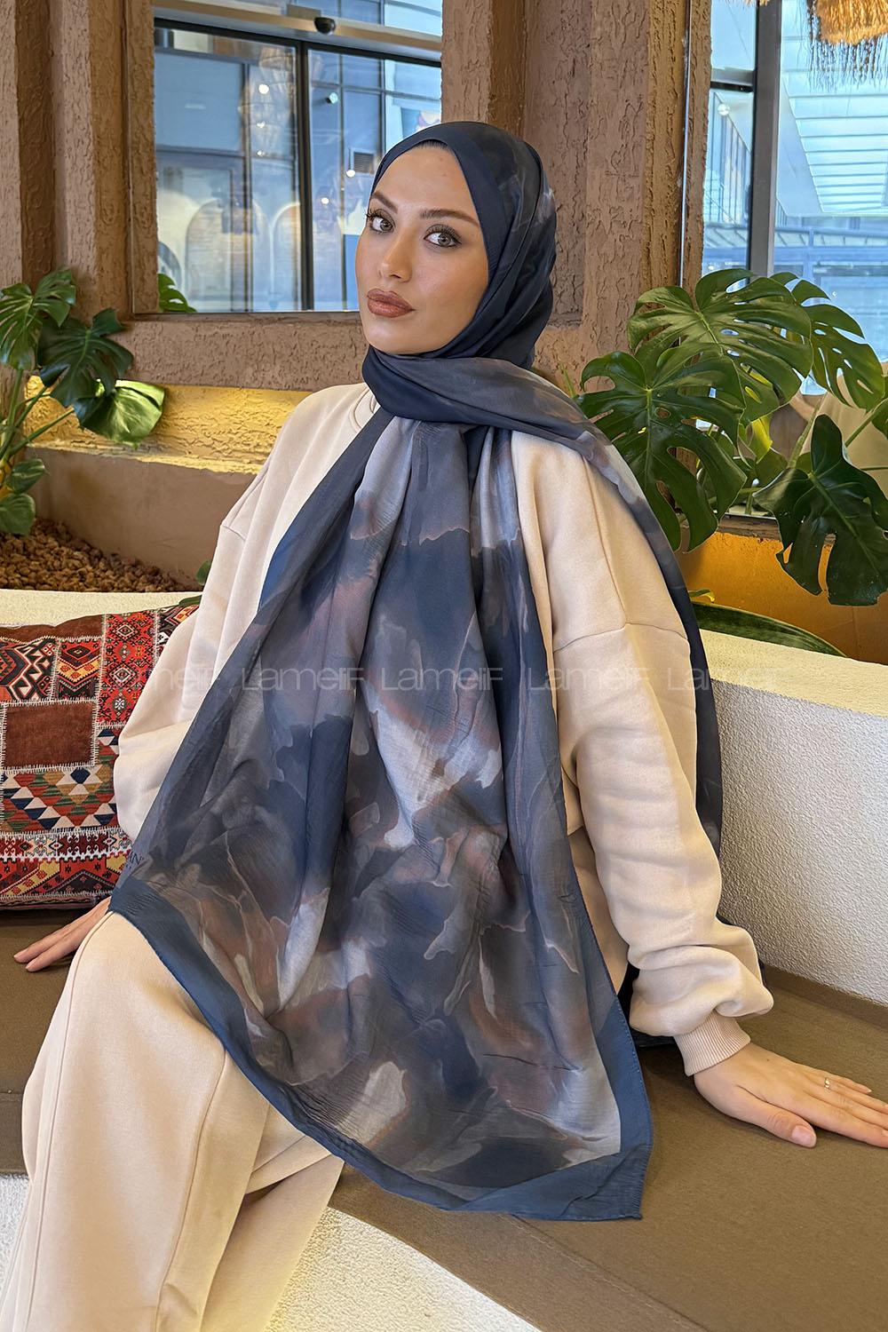 Lamelif Elegant Desen Müslin Şal İndigo