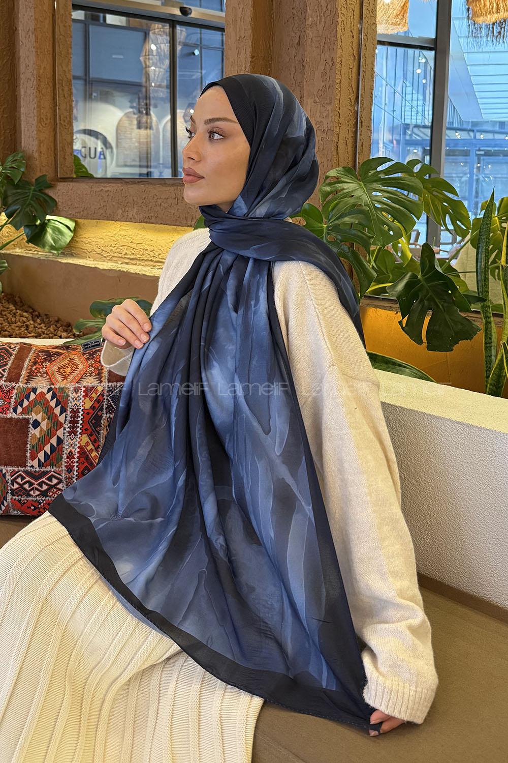 Lamelif Elegant Desen Müslin Şal Lacivert