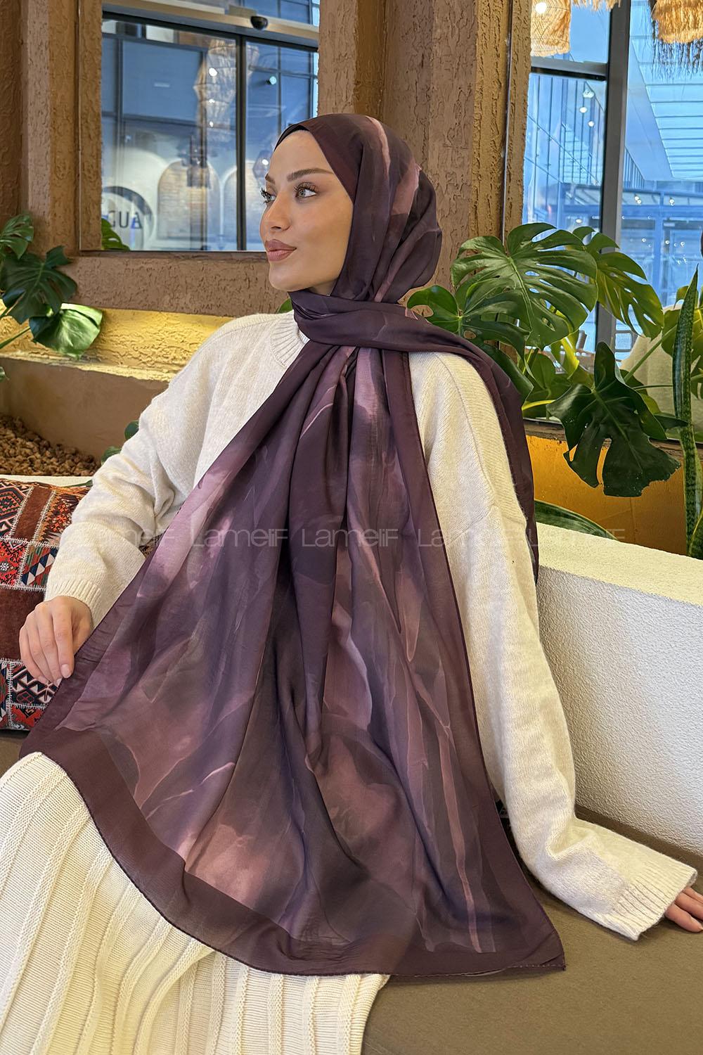 Lamelif Elegant Desen Müslin Şal Mürdüm