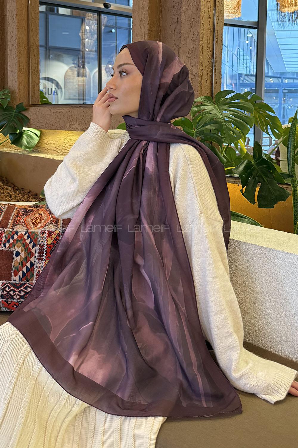 Lamelif Elegant Desen Müslin Şal Mürdüm