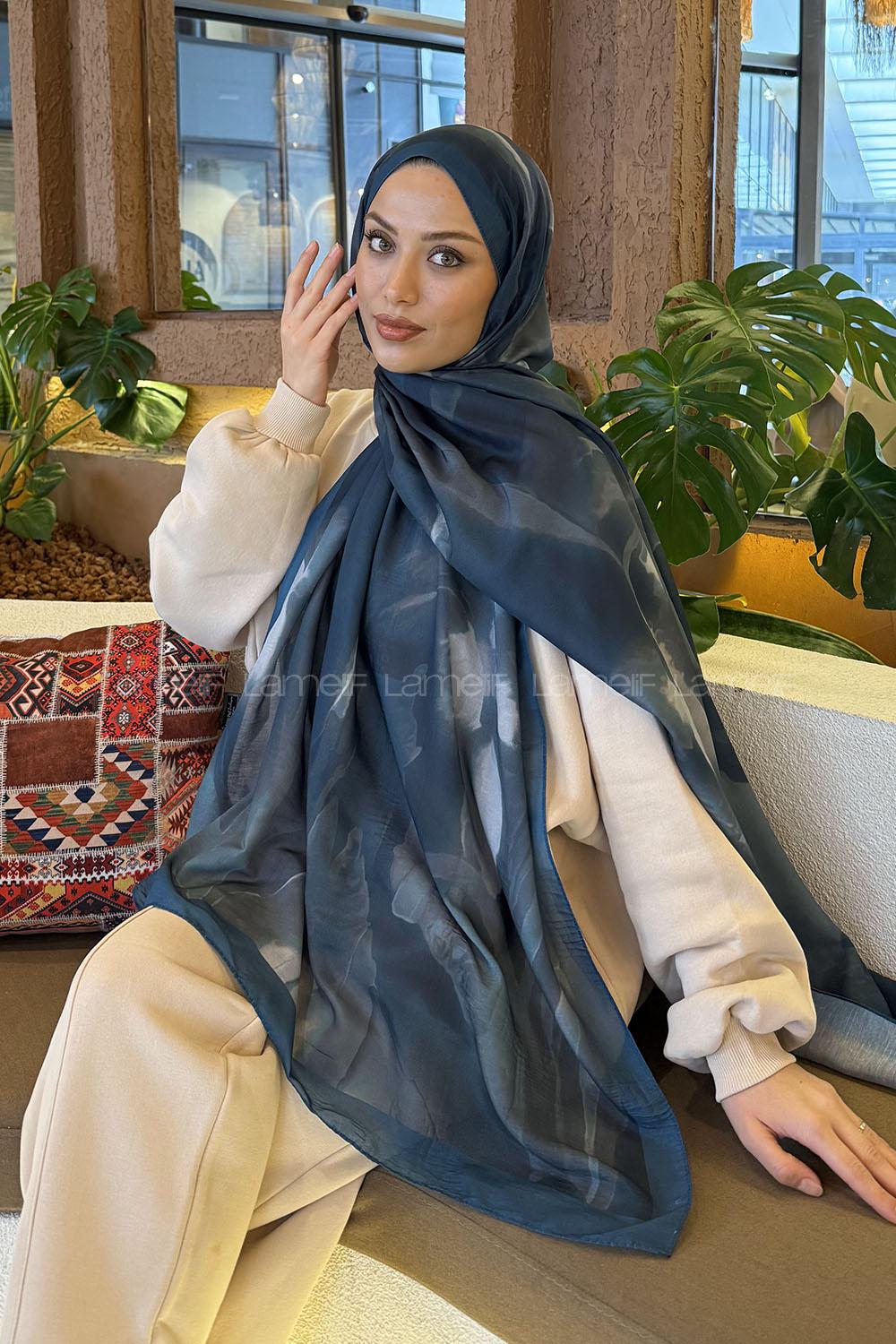 Lamelif Elegant Desen Müslin Şal Petrol Mavisi