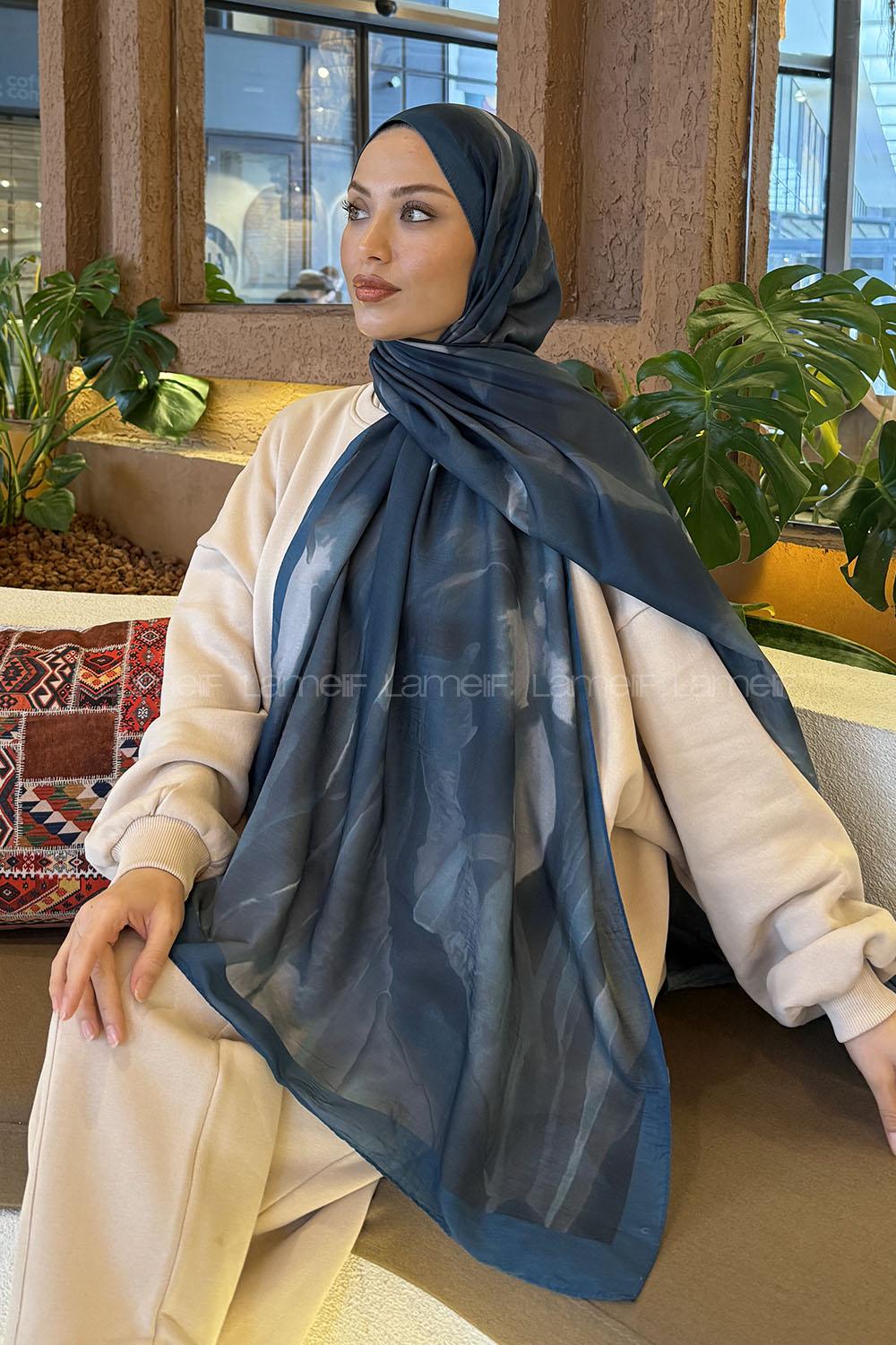 Lamelif Elegant Desen Müslin Şal Petrol Mavisi