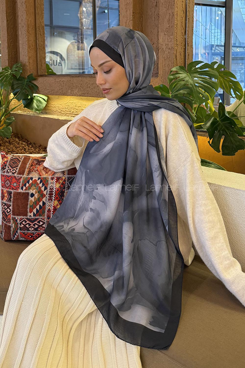 Lamelif Elegant Desen Müslin Şal Sİyah Gri