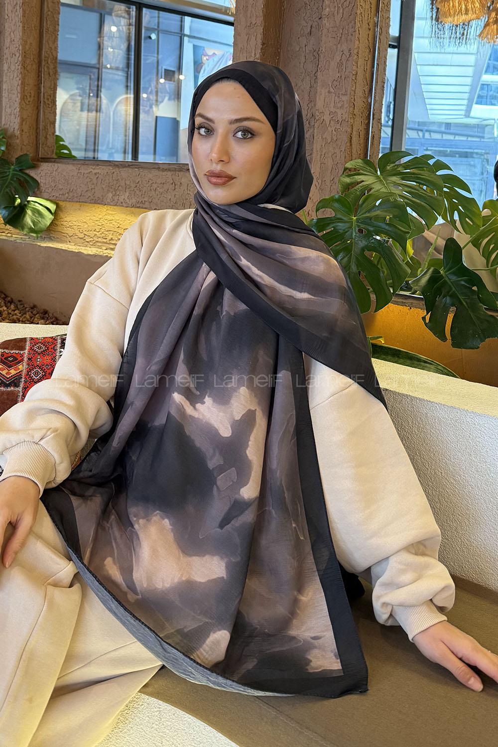 Lamelif Elegant Desen Müslin Şal Siyah Toprak