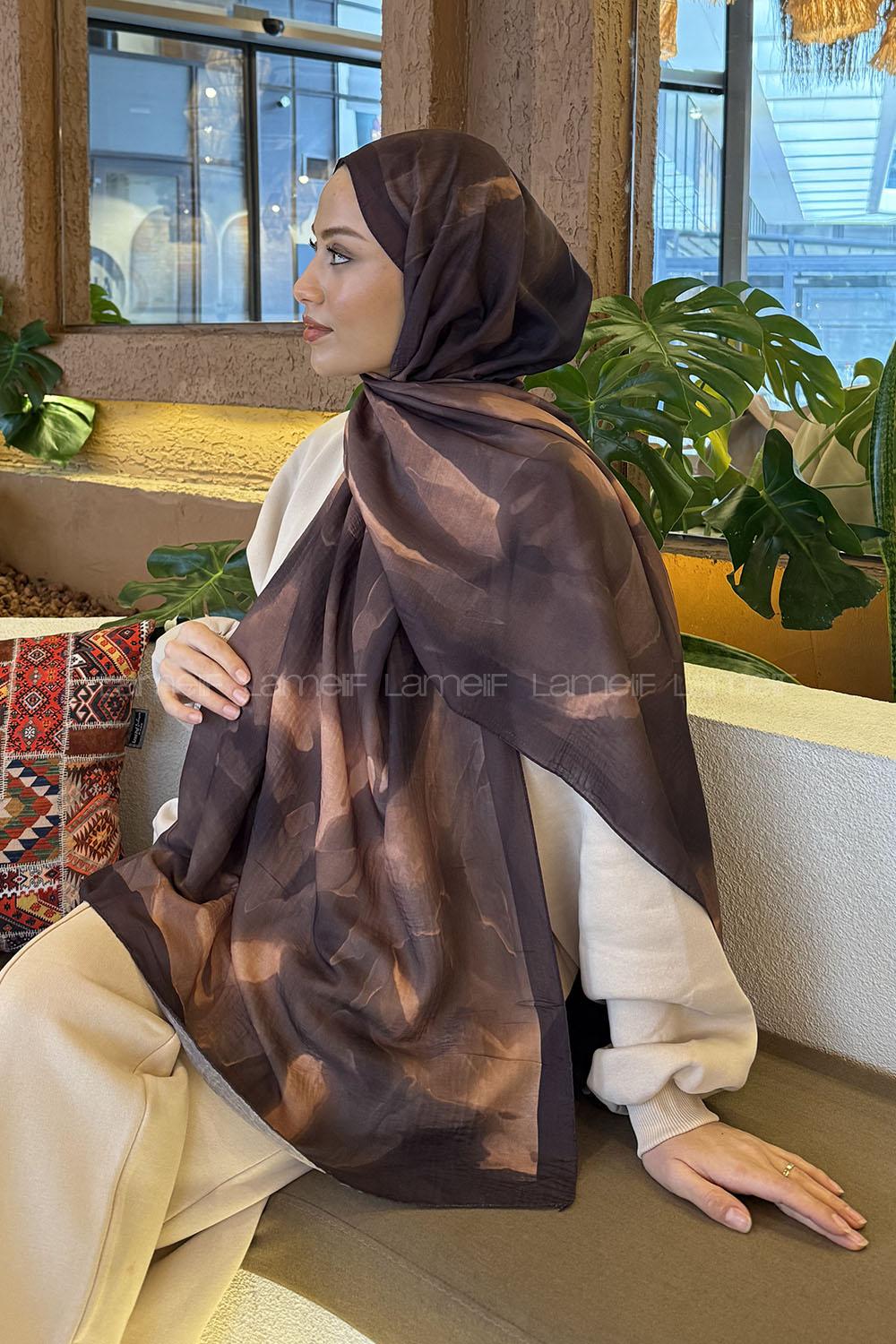 Lamelif Elegant Desen Müslin Şal Sütlü Kahve