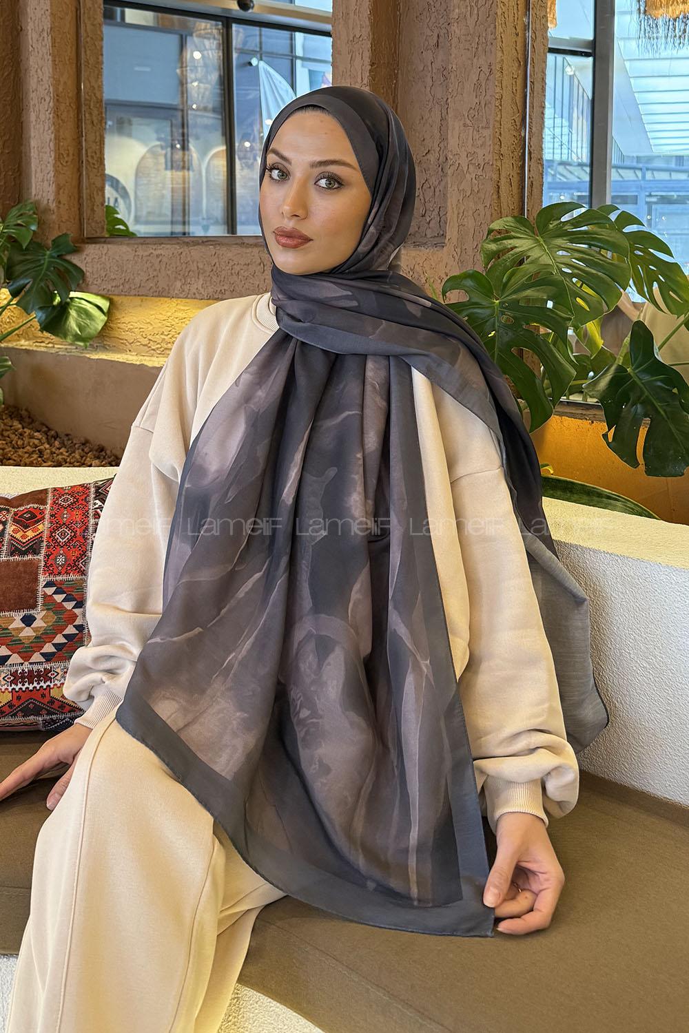 Lamelif Elegant Desen Müslin Şal Vizon Antrasit