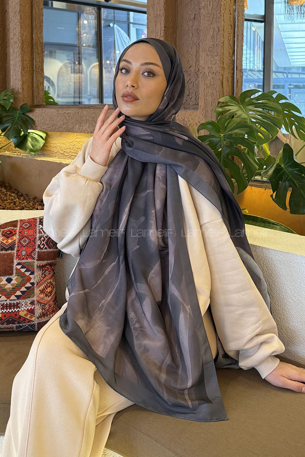 Lamelif Elegant Desen Müslin Şal Vizon Antrasit