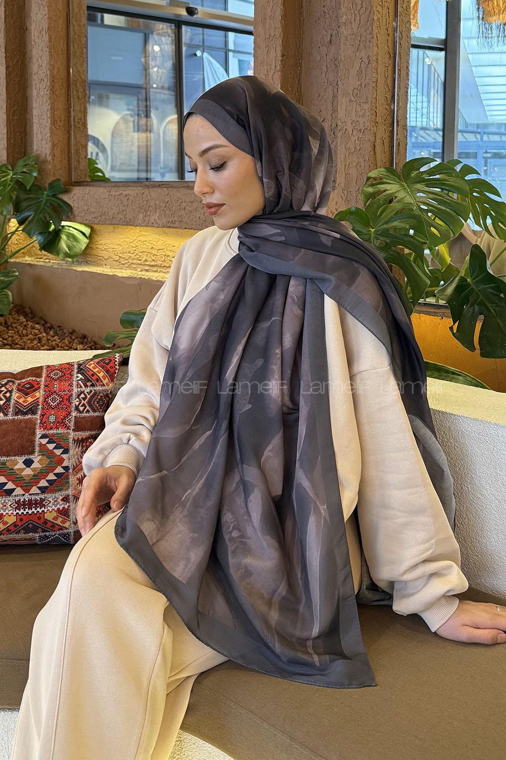 Lamelif Elegant Desen Müslin Şal Vizon Antrasit