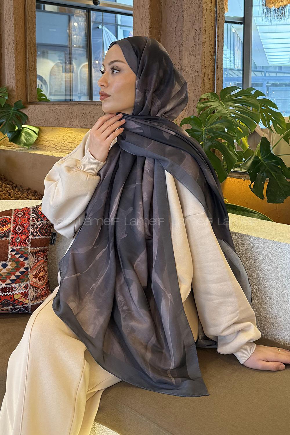 Lamelif Elegant Desen Müslin Şal Vizon Antrasit