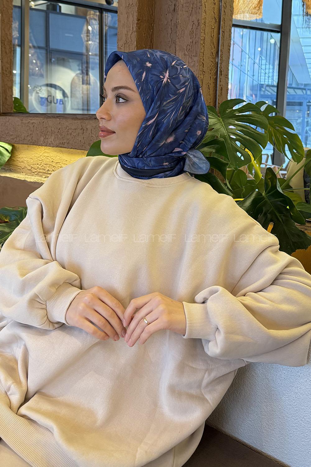 Midnight Blue Cotton Fabric Striped Flowering Straight Printed Scarf