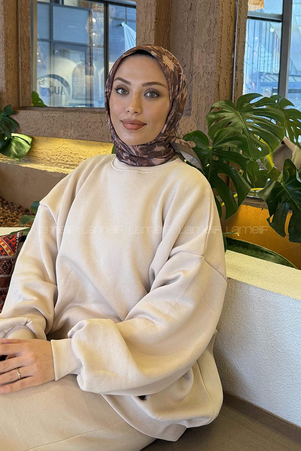 Lamelif Daisy Flowers Desen Soft Eşarp Soft Kahve