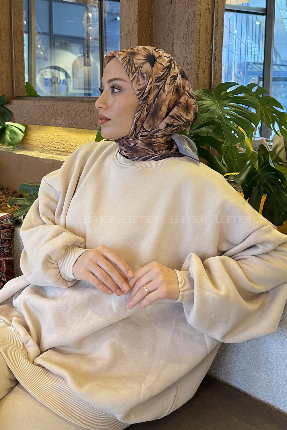 Brown With Milk Cotton Fabric Striped Flowering Straight Printed Scarf