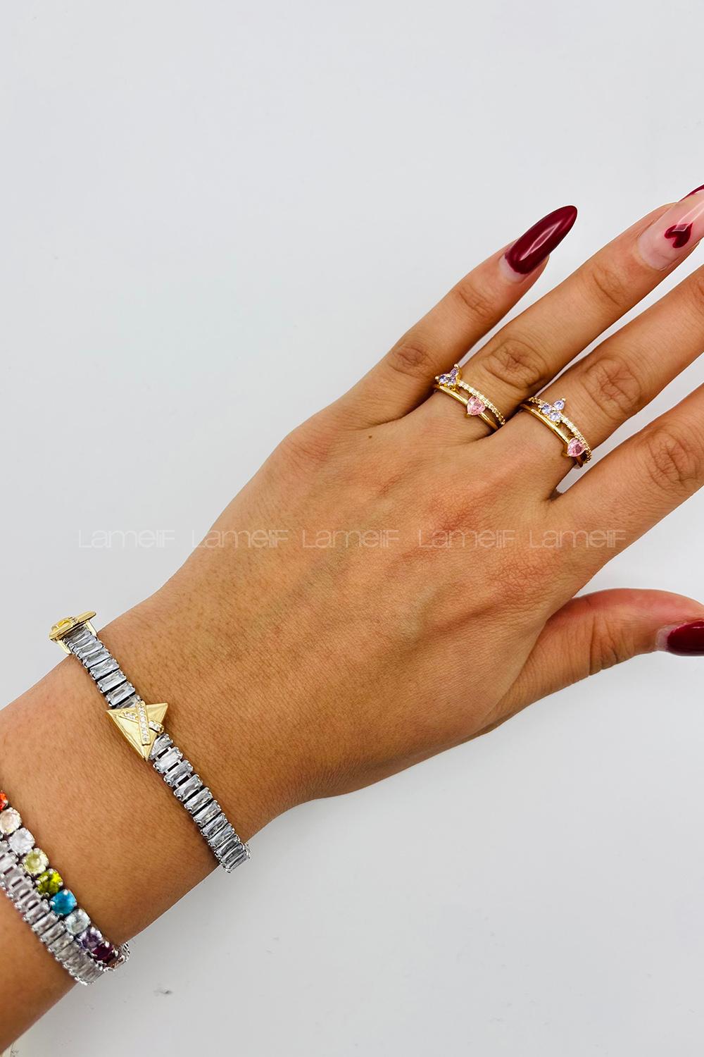 Lamelif Gold Kristal Taşlı Ayarlanabilir Yüzük