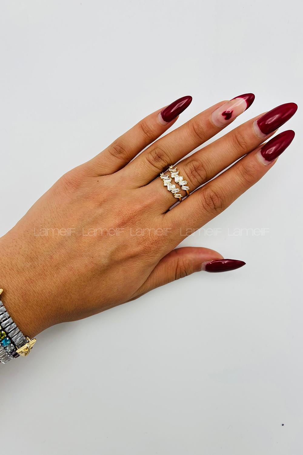 Lamelif Gold Kristal Taşlı Baget Ayarlanabilir Yüzük