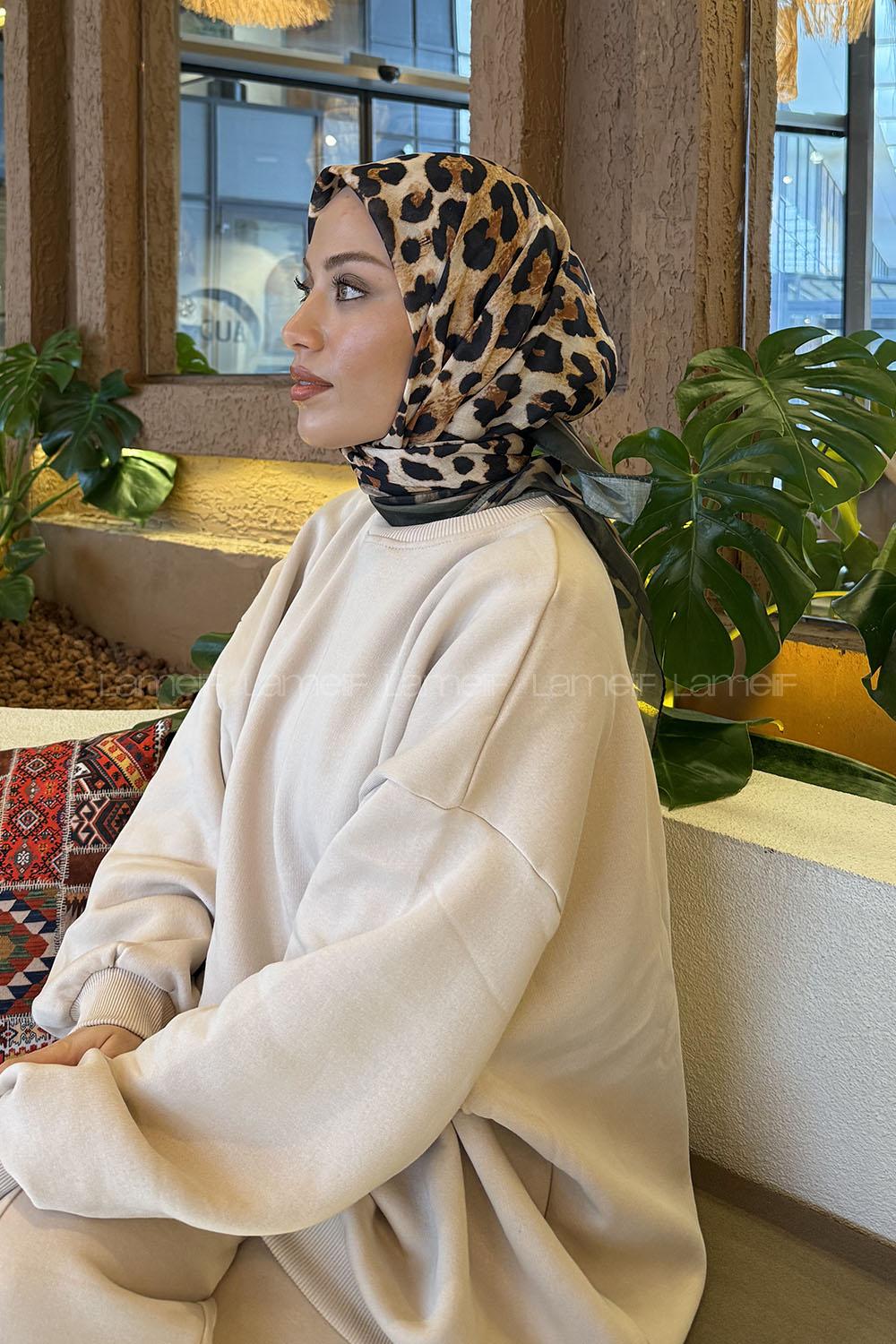 Khaki Cotton Fabric Striped Flowering Straight Printed Scarf