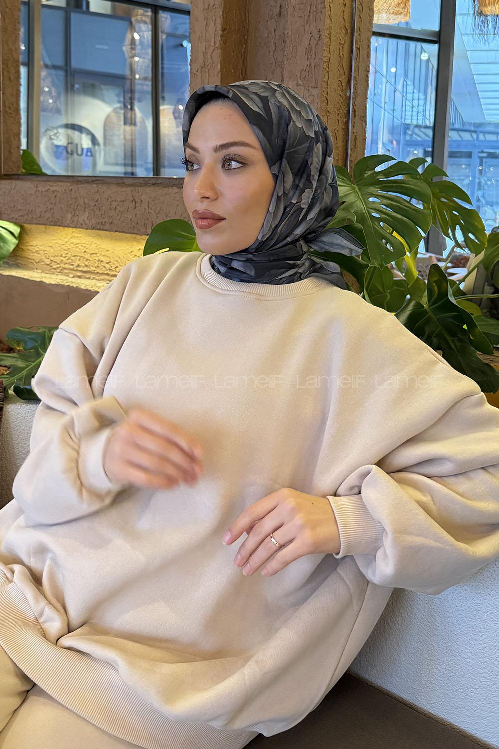 Lamelif Lotus Desen Soft Eşarp Antrasit