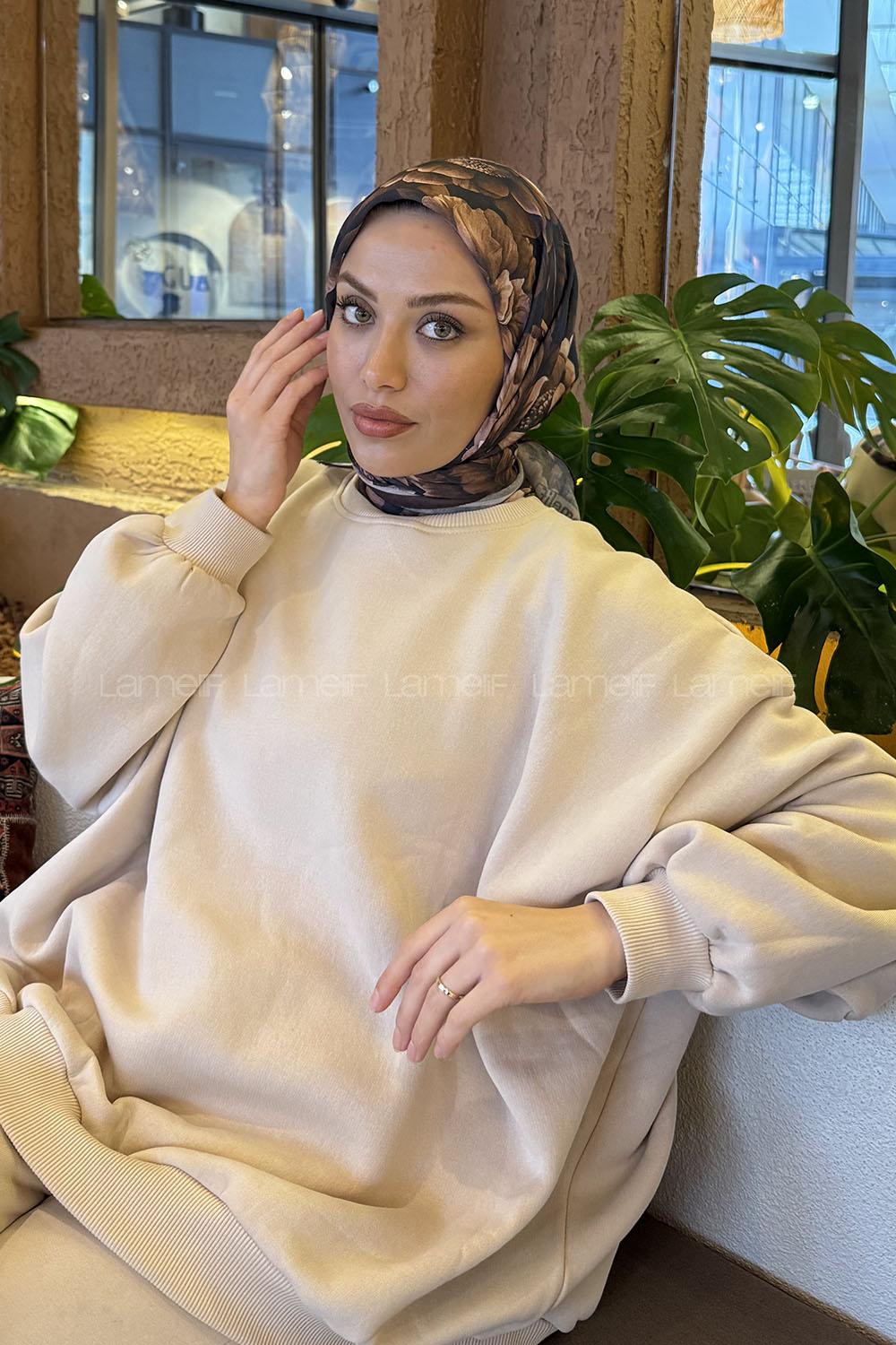 Lamelif Lotus Desen Soft Eşarp Kahverengi