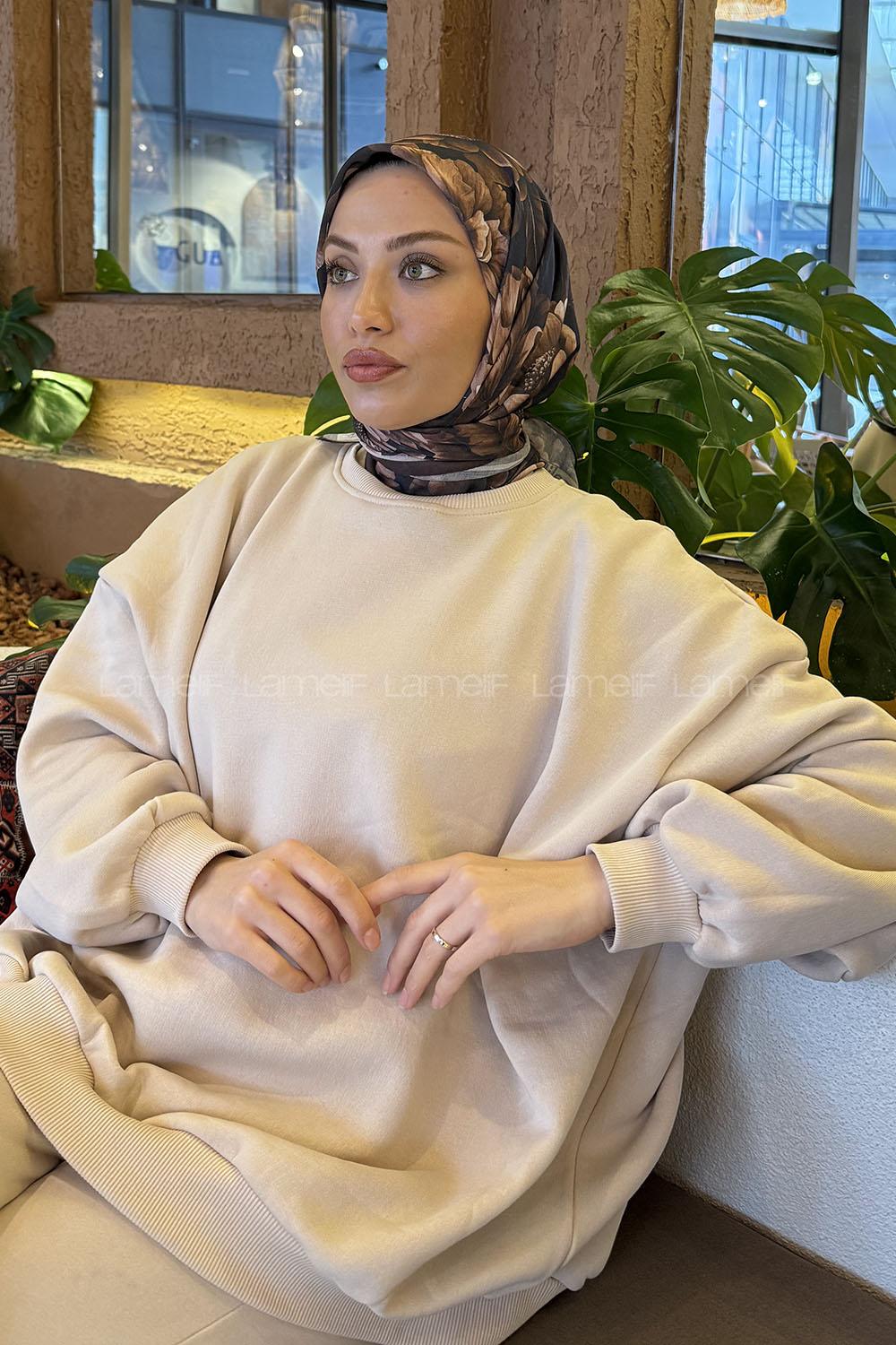 Lamelif Lotus Desen Soft Eşarp Kahverengi