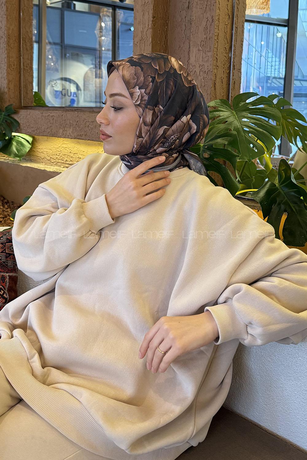 Lamelif Lotus Desen Soft Eşarp Kahverengi