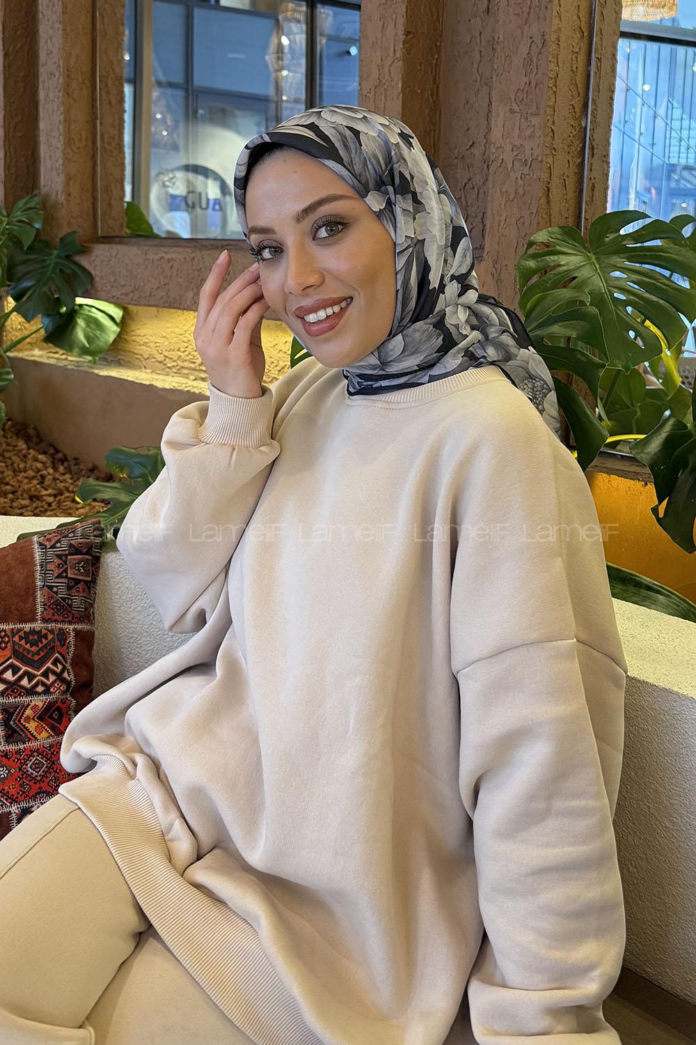 Lamelif Lotus Desen Soft Eşarp Siyah