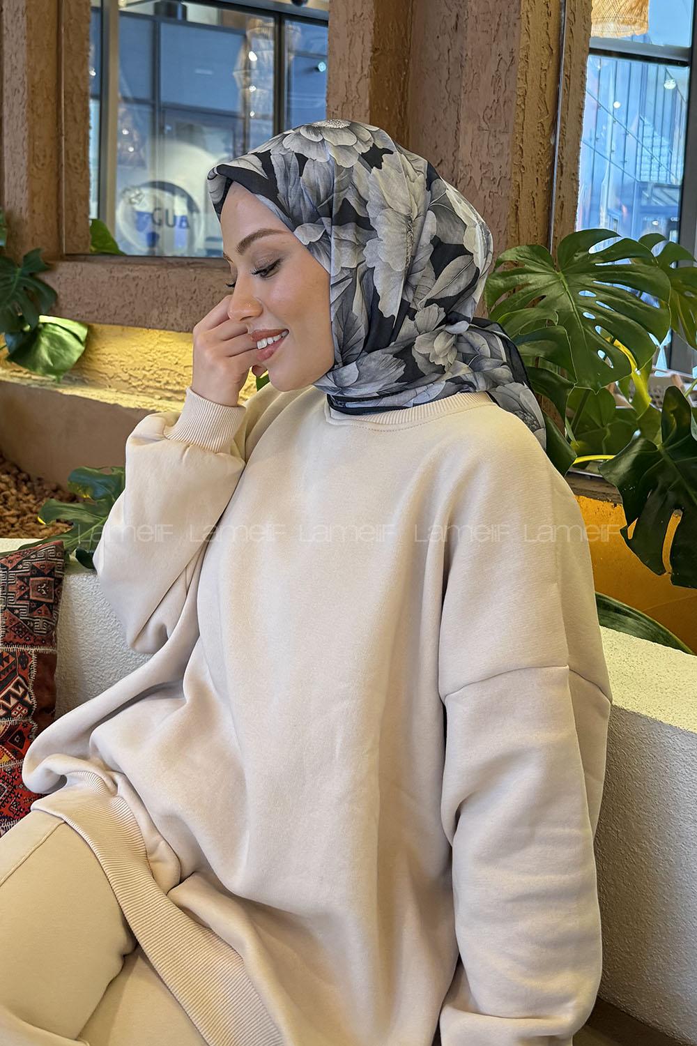 Lamelif Lotus Desen Soft Eşarp Siyah