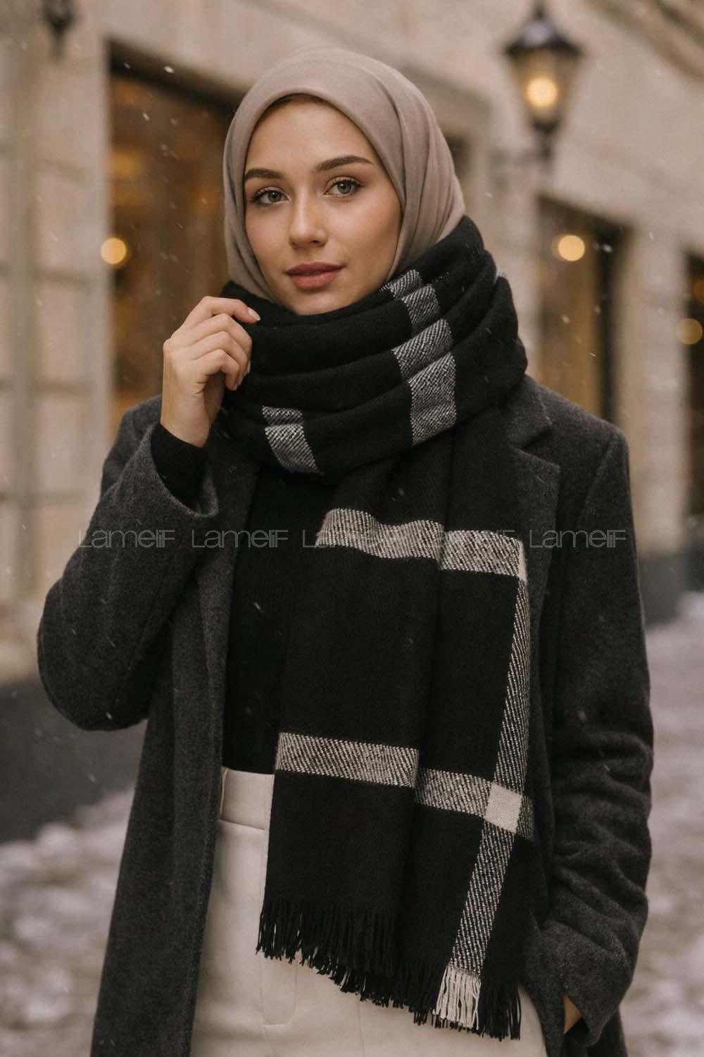 Lamelif Kadın Siyah Desenli Atkı - Şal