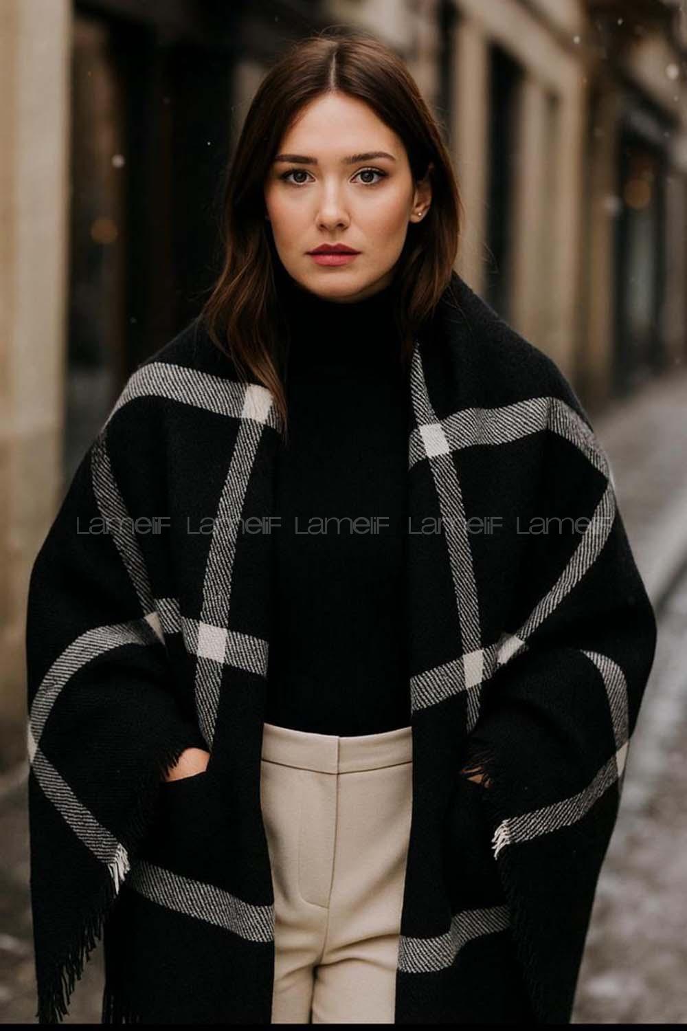 Lamelif Kadın Siyah Desenli Atkı - Şal