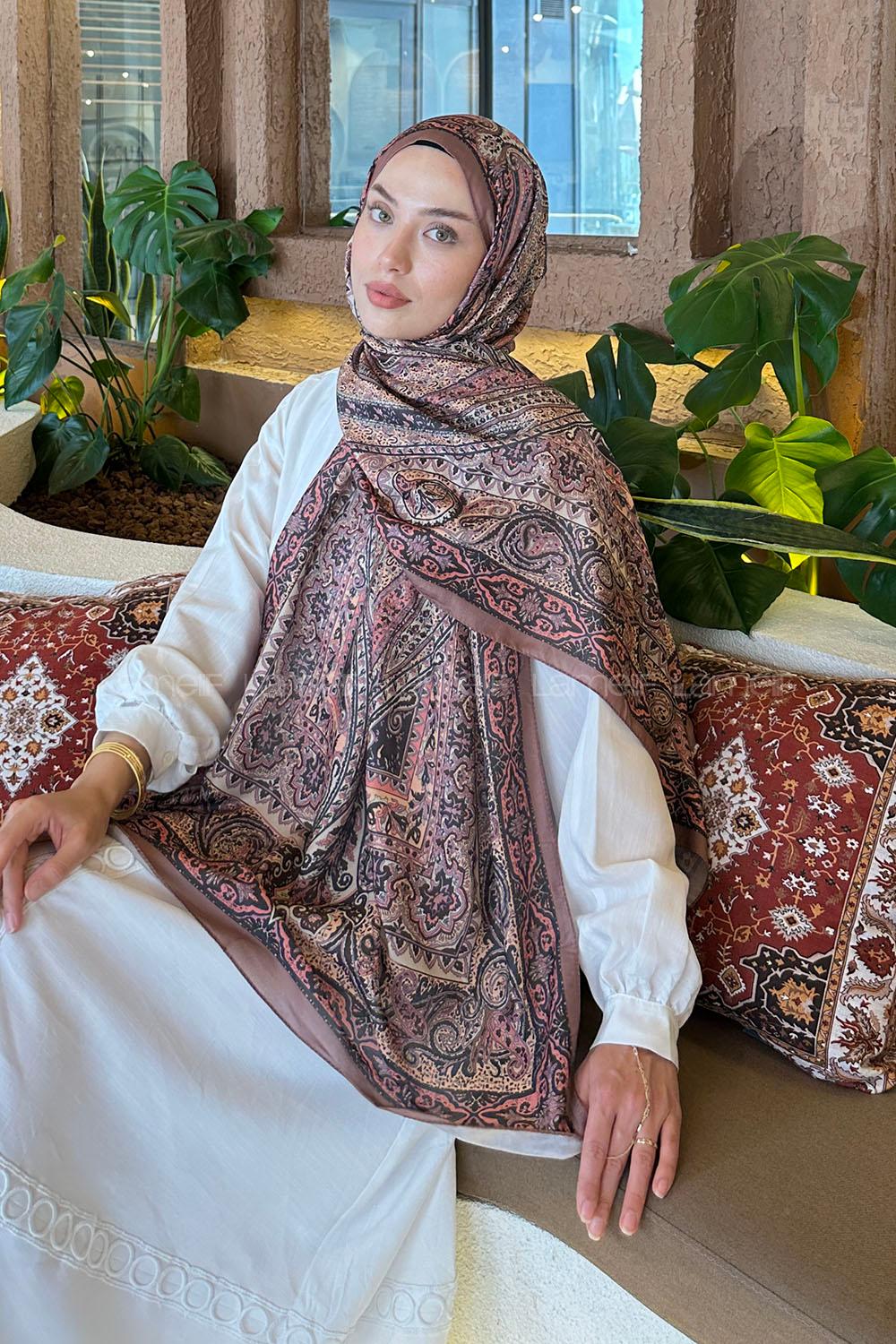 Lamelif Retro Desen Pamuk Şal Sütlü Kahve