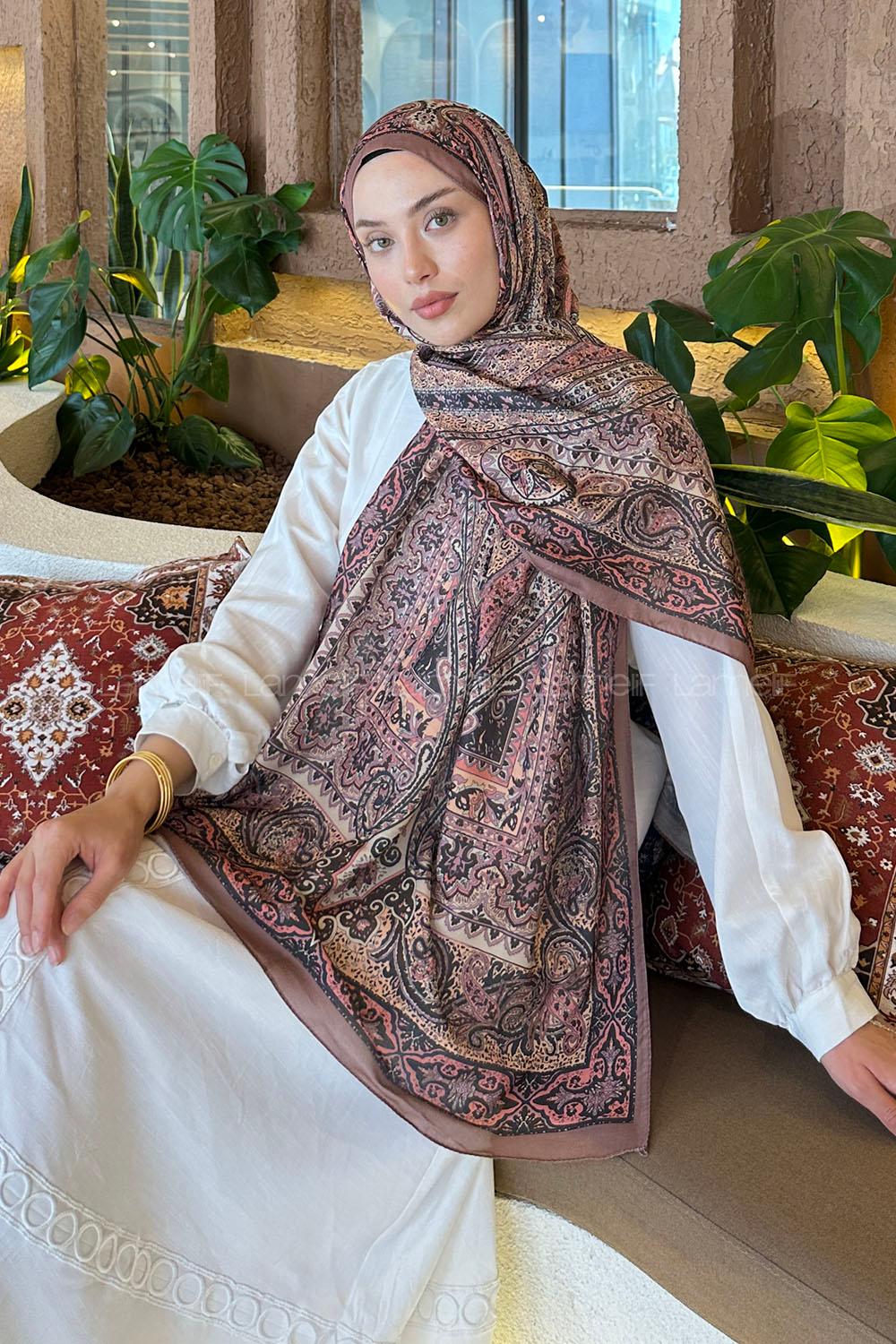 Lamelif Retro Desen Pamuk Şal Sütlü Kahve