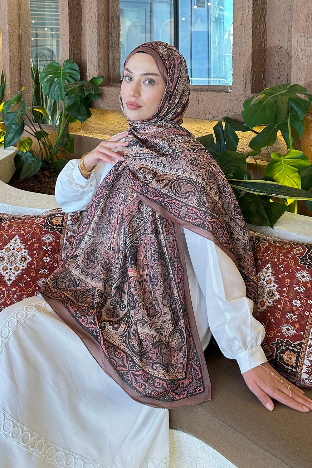 Lamelif Retro Desen Pamuk Şal Sütlü Kahve