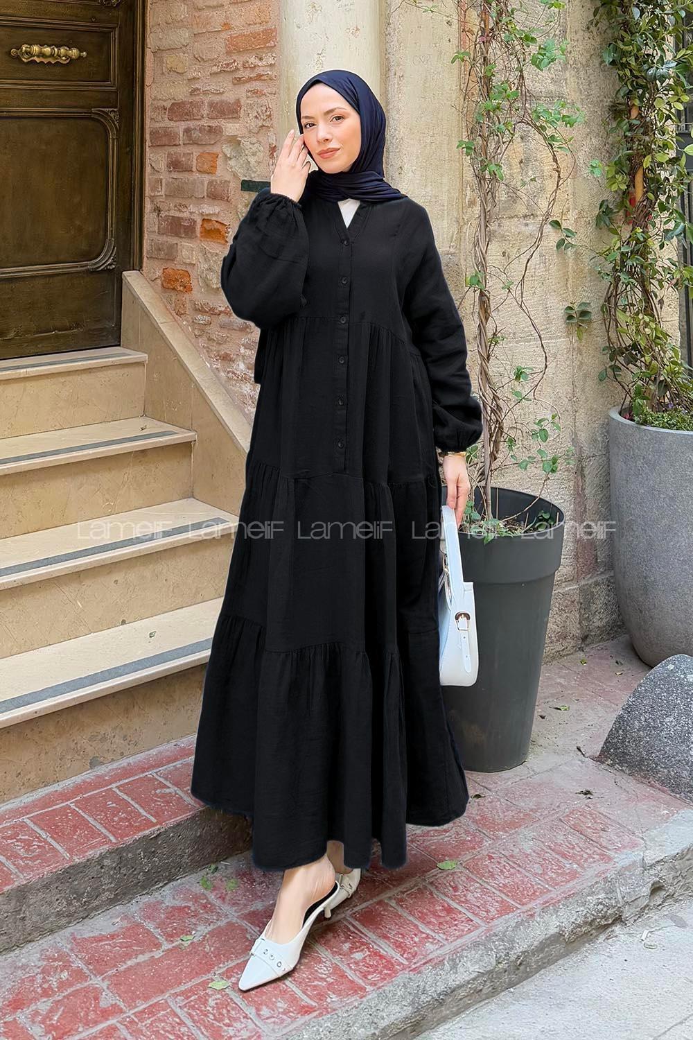 Lamelif Ön Yarım Düğme Detaylı Müslin Kumaş Tesettür Elbise Siyah