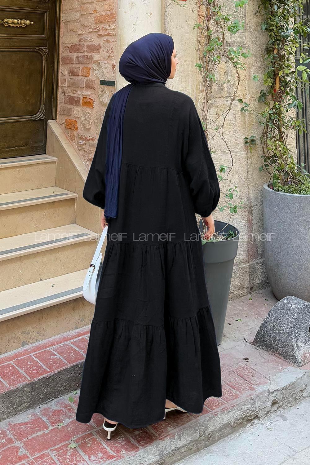 Lamelif Ön Yarım Düğme Detaylı Müslin Kumaş Tesettür Elbise Siyah