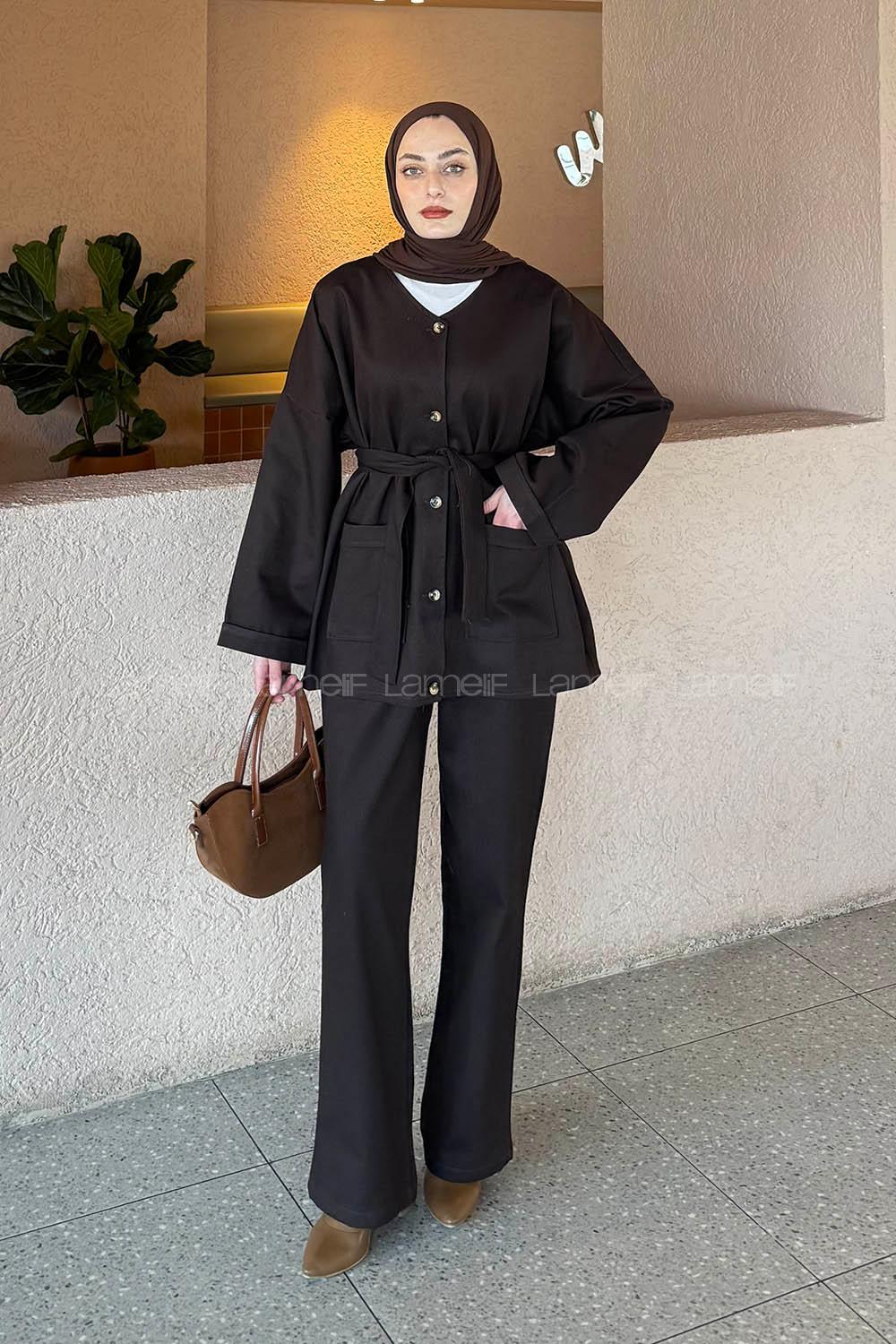 Lamelif Kuşaklı Gabardin Takım Acı Kahve