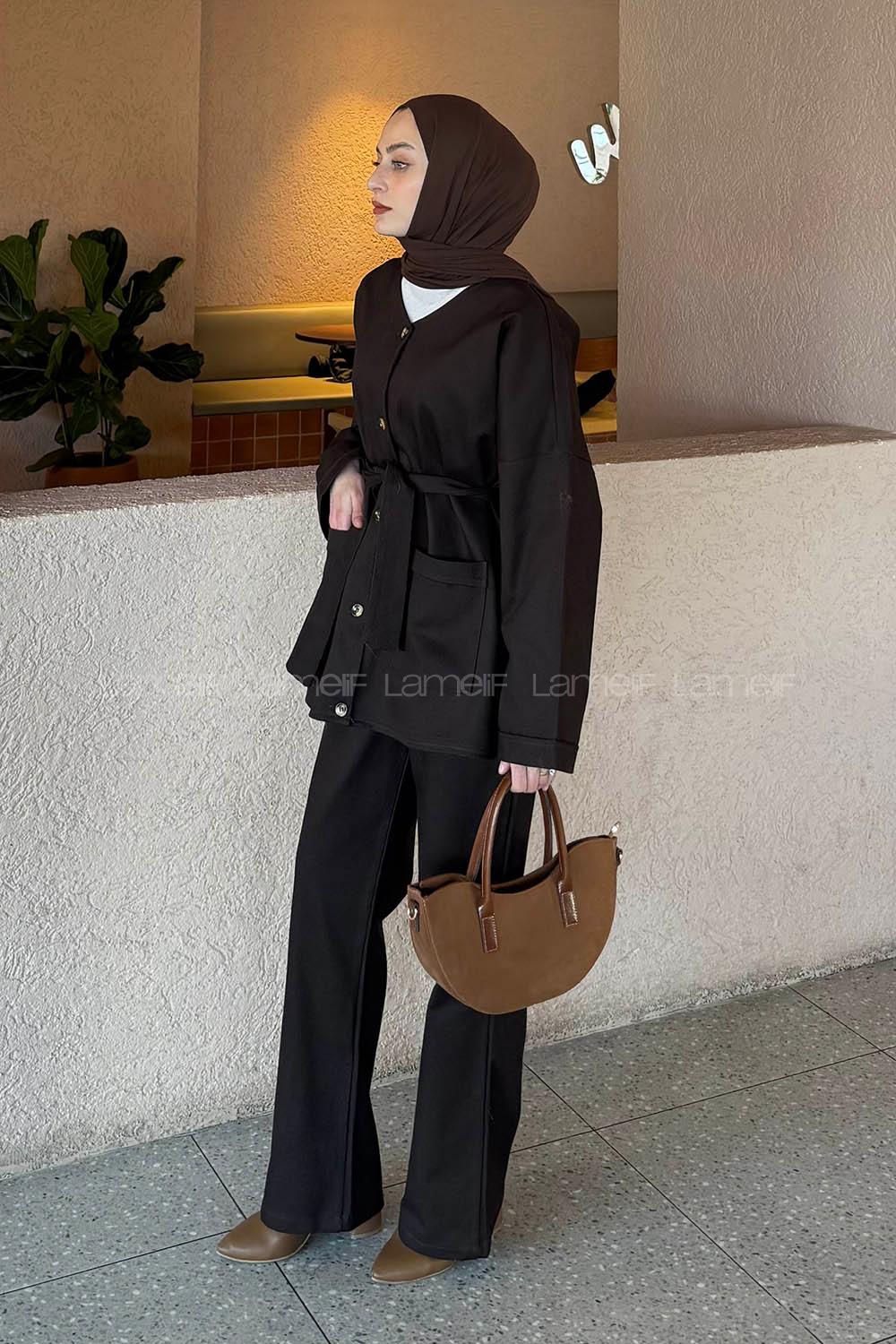 Lamelif Kuşaklı Gabardin Takım Acı Kahve