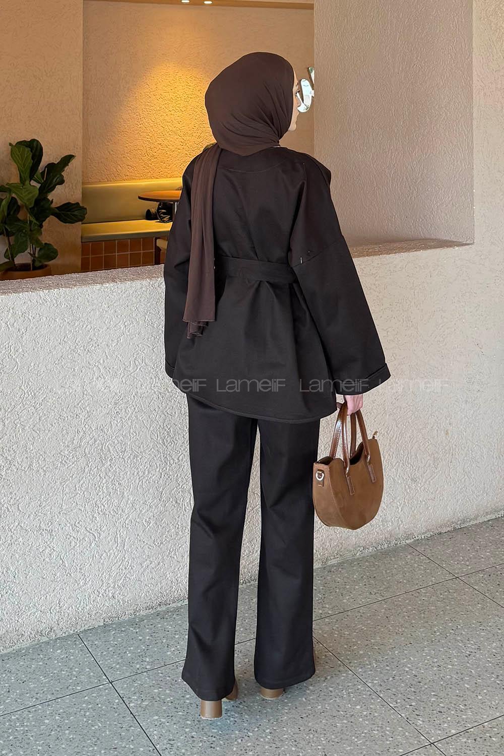 Lamelif Kuşaklı Gabardin Takım Acı Kahve