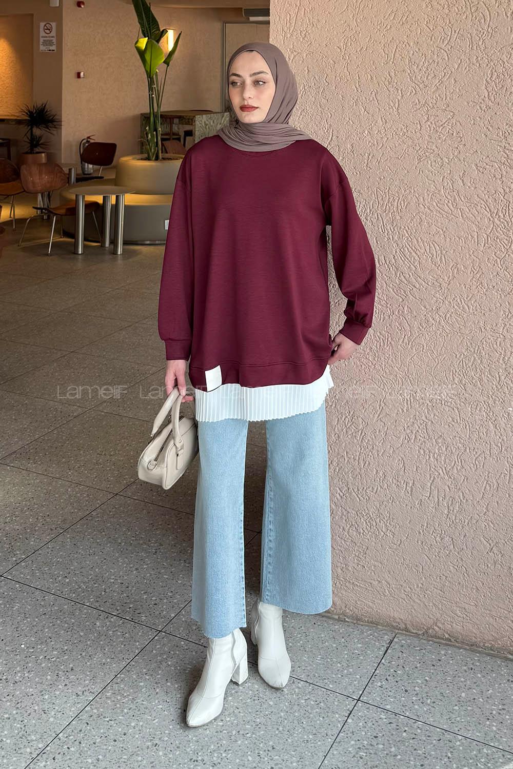 Lamelif Pilise Detaylı Tunik Bordo
