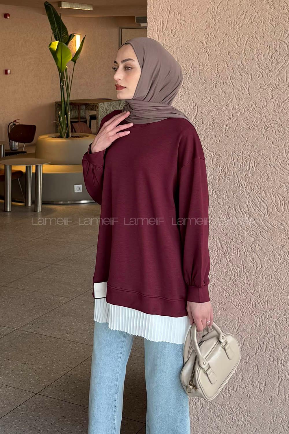 Lamelif Pilise Detaylı Tunik Bordo