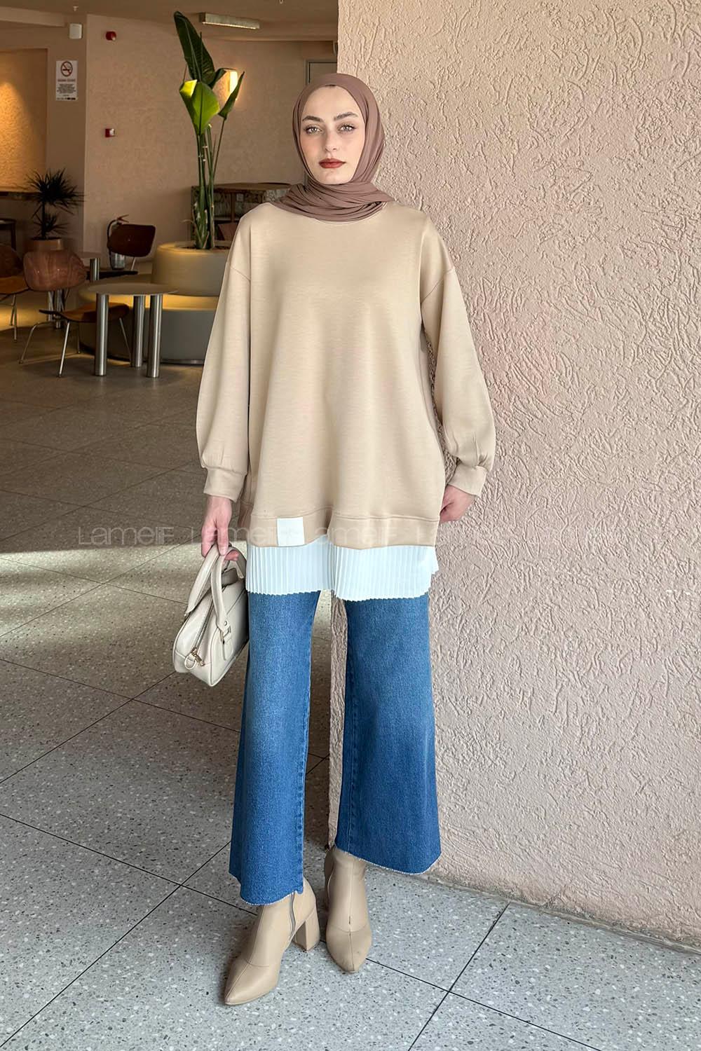 Lamelif Pilise Detaylı Tunik Sütlü Kahve