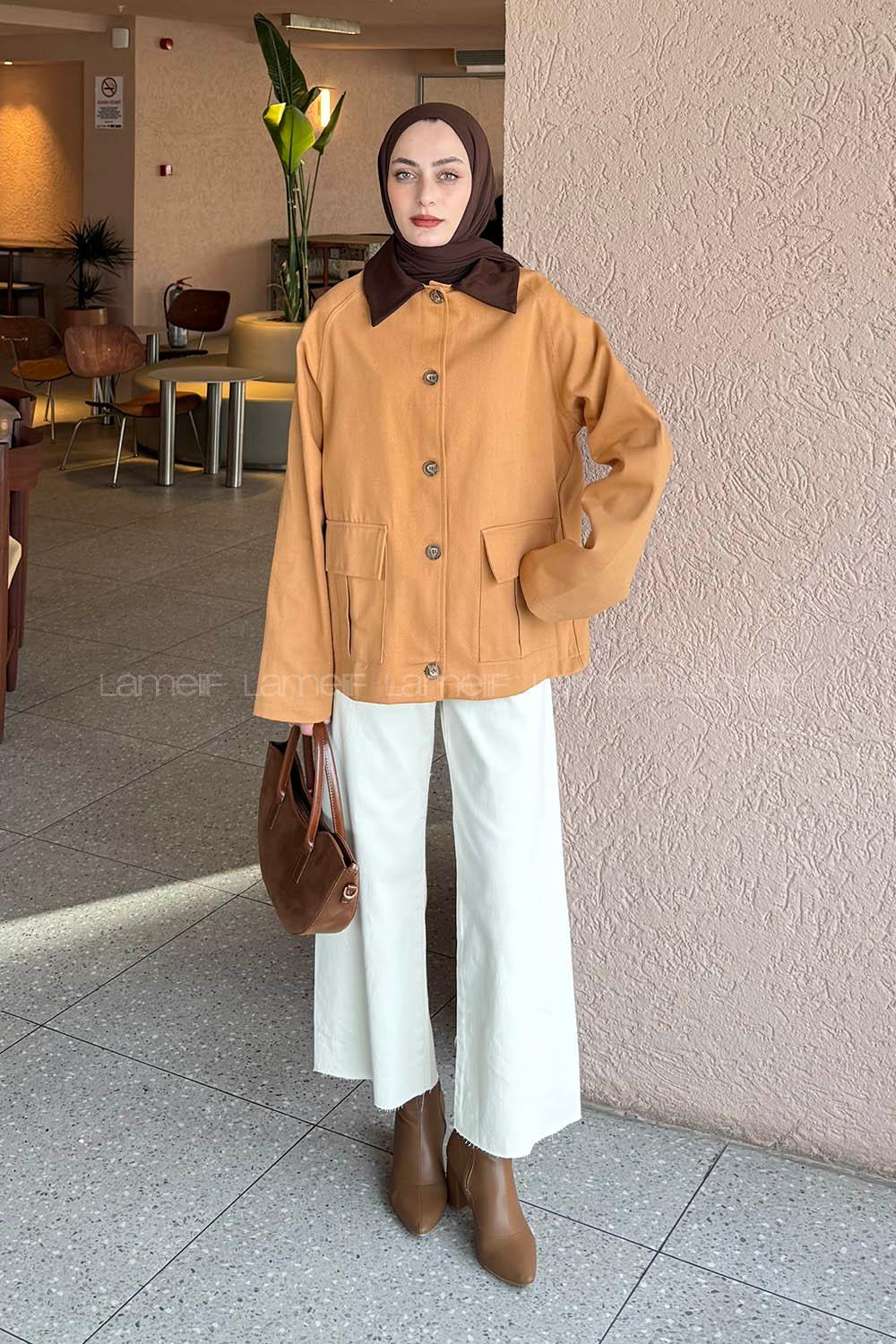 Lamelif Yaka Detaylı Parka Taba