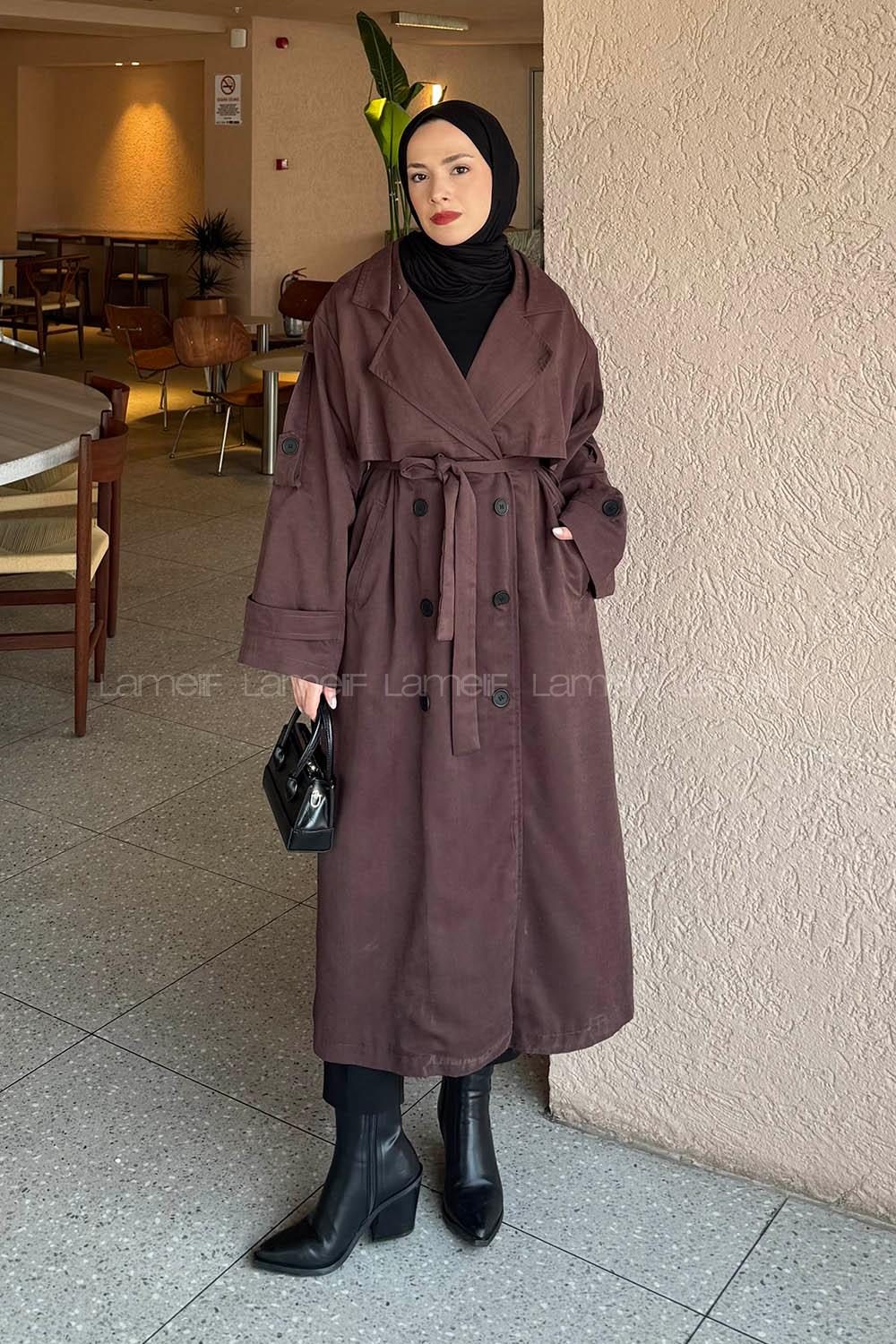 Lamelif Bağlama Detaylı Uzun Trençkot Acı Kahve