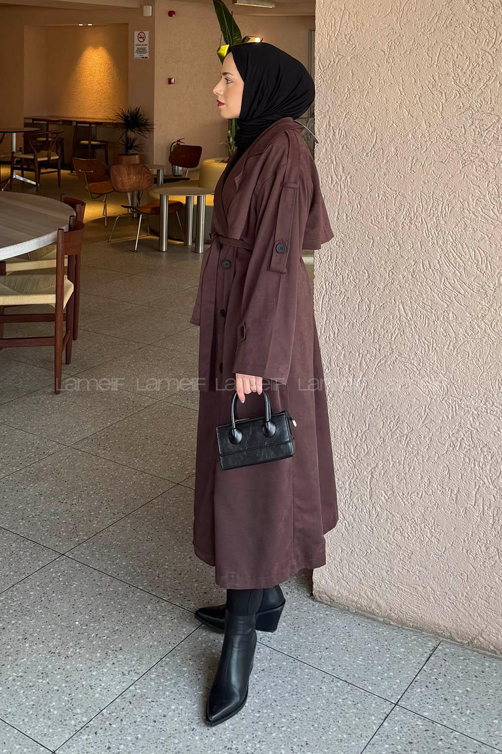 Lamelif Bağlama Detaylı Uzun Trençkot Acı Kahve