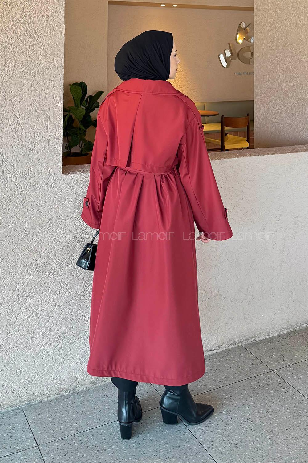 Claret Red Long Arm Buttoned Belted Polyester Trench Coat