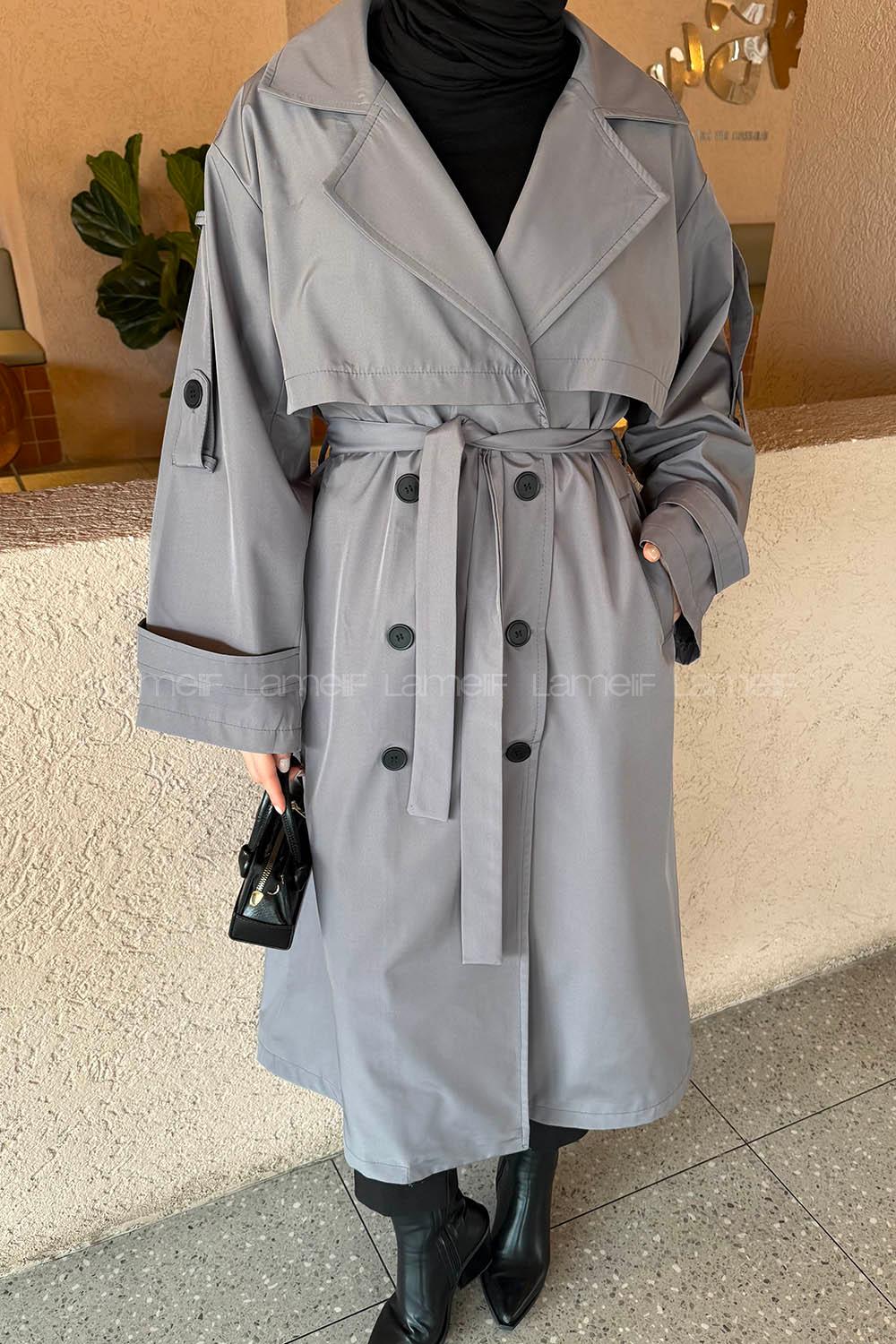 Lamelif Bağlama Detaylı Uzun Trençkot Gri