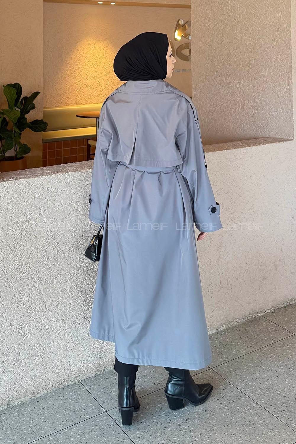 Lamelif Bağlama Detaylı Uzun Trençkot Gri