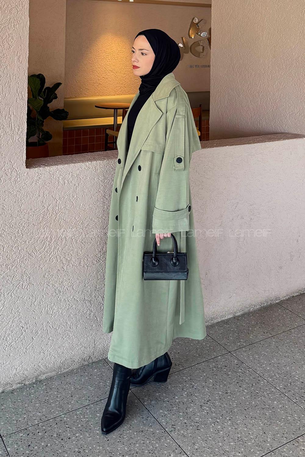 Khaki Long Arm Buttoned Belted Polyester Trench Coat