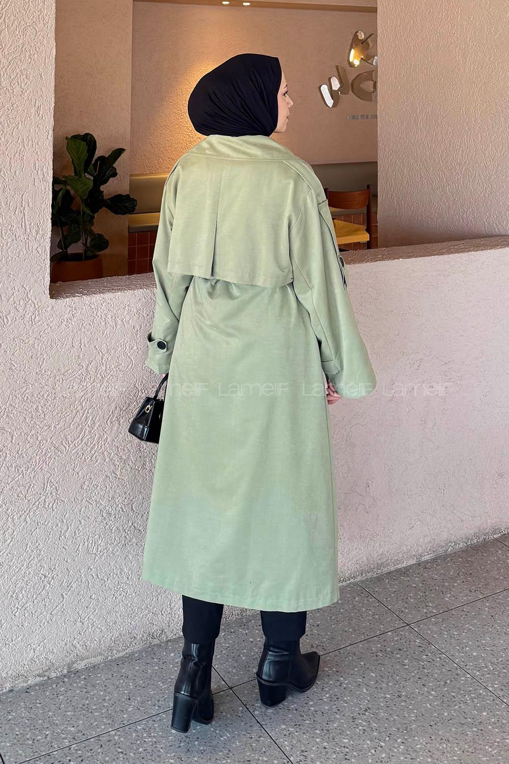 Khaki Long Arm Buttoned Belted Polyester Trench Coat