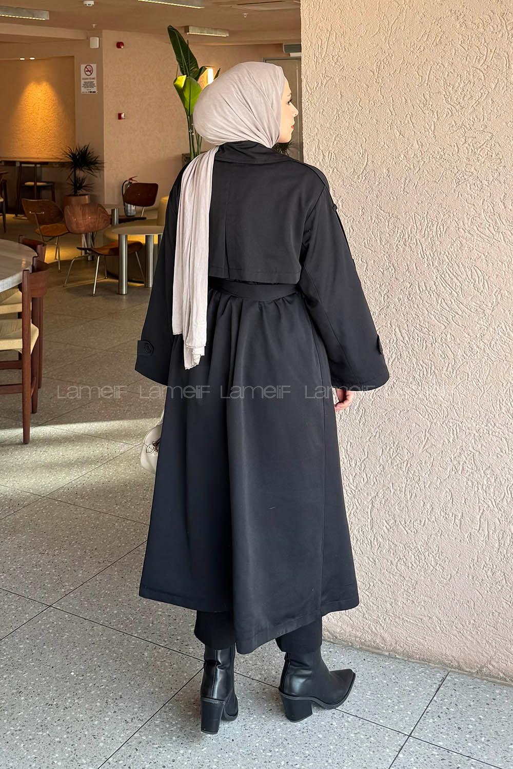 Black Long Arm Buttoned Belted Polyester Trench Coat