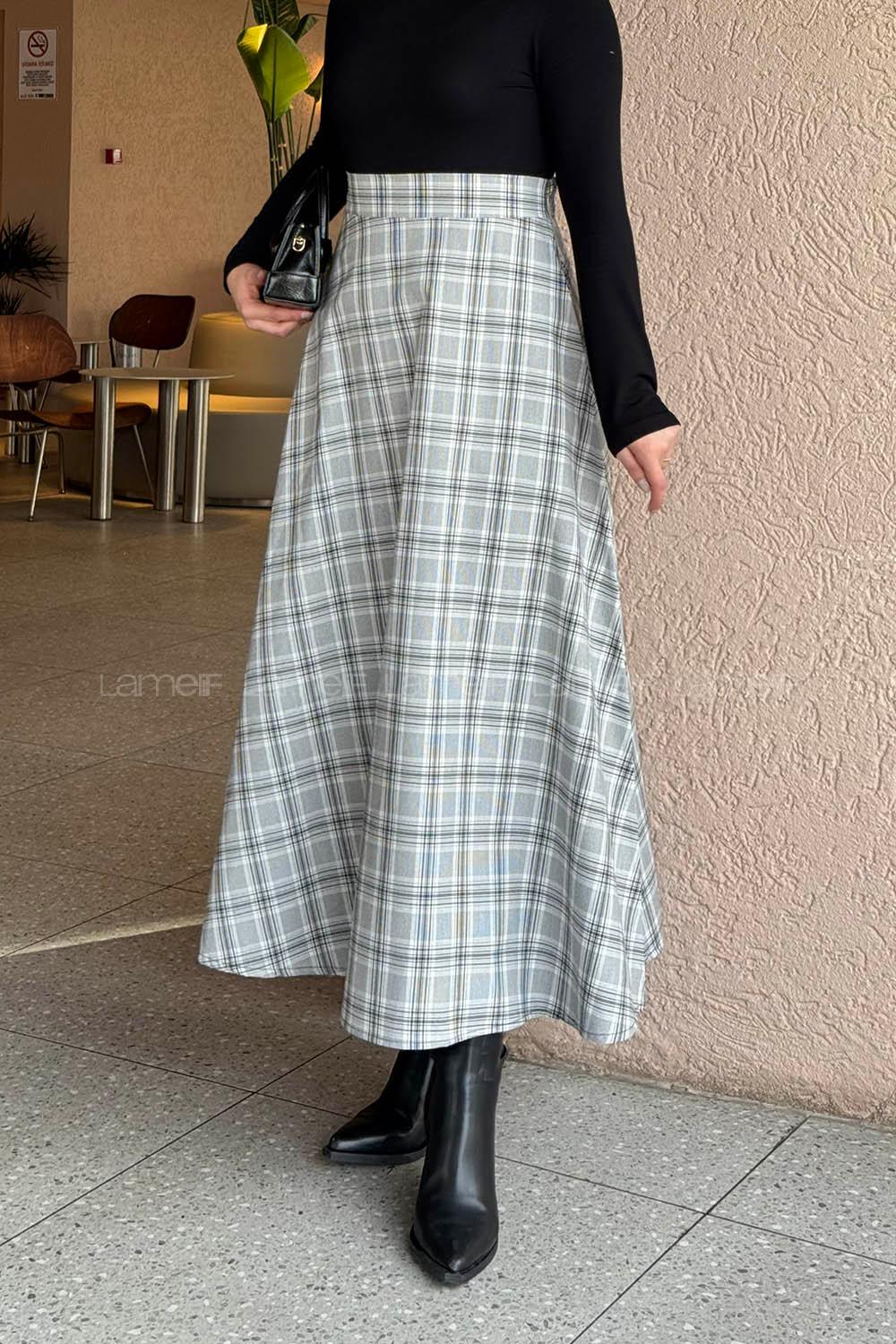 Lamelif Ekose Tesettür Etek Gri-Siyah