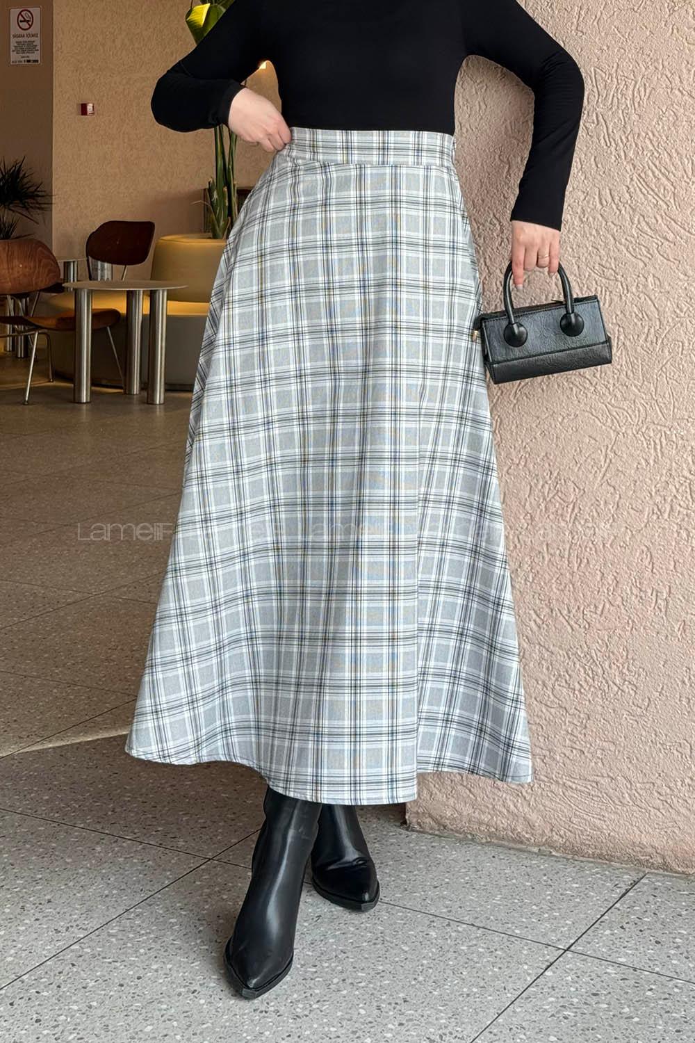 Lamelif Ekose Tesettür Etek Gri-Siyah