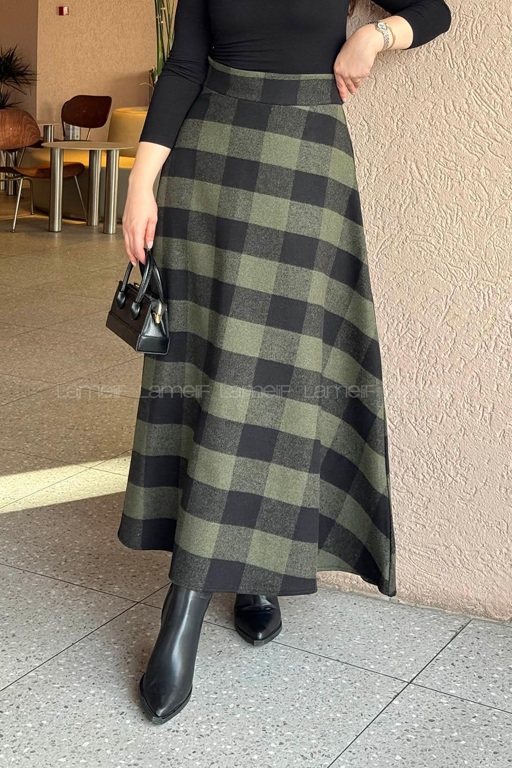 Lamelif Kaşe Ekose Detay Etek Haki